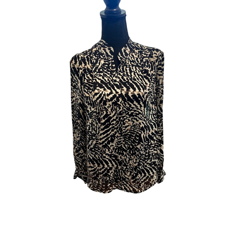 L'AGENCE Women Black Tan Abstract Animal Print 100% Silk Blouse Small Luxury